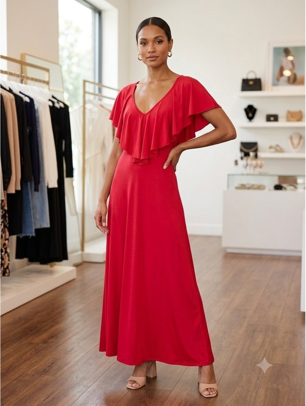 Vintage 70s Elegant Red Maxi Dress with Ruffled V-Neckline